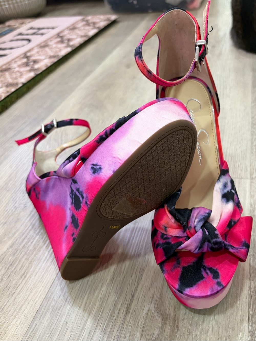 Jessica Simpson Pink and Black Floral Knot Wedge Sandals